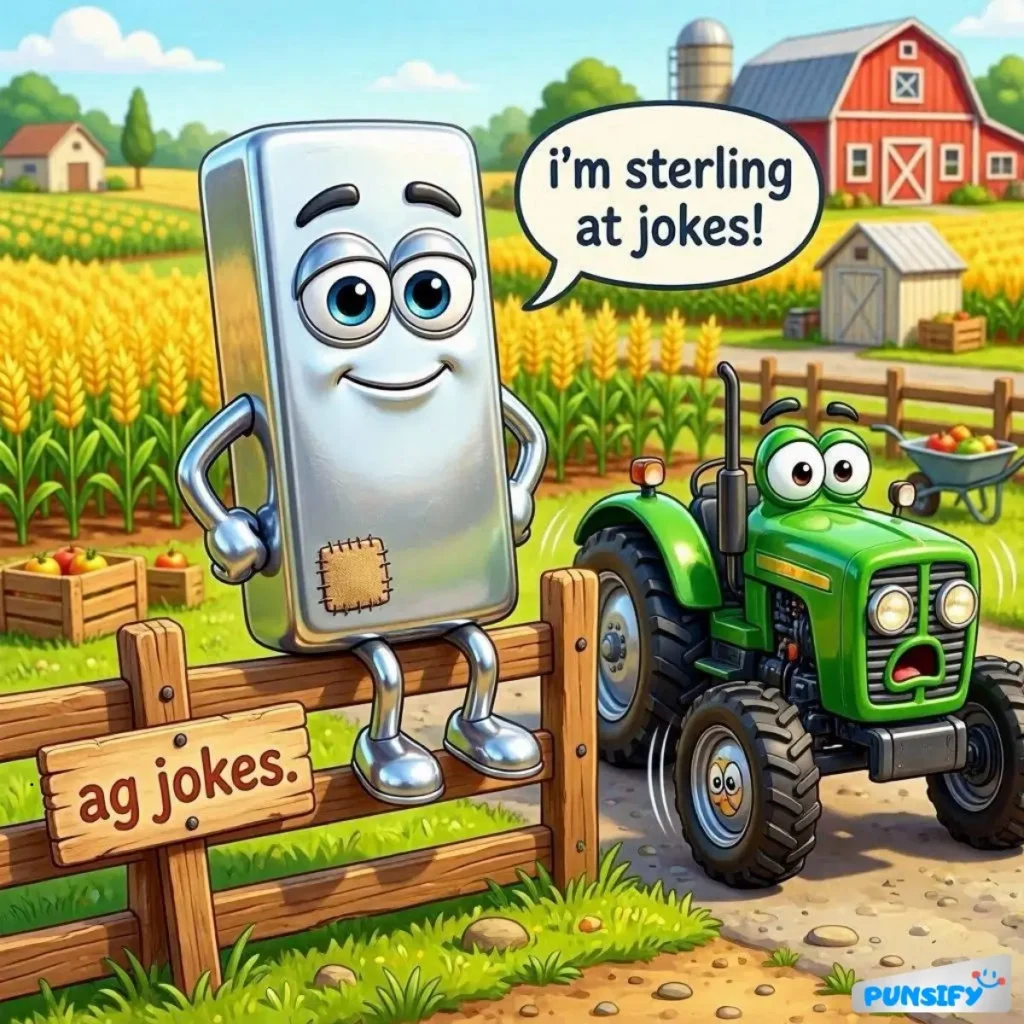 A shiny bar of metal sits on a fence, grinning with a tractor beside it.