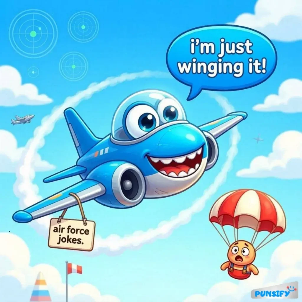 A blue cartoon plane saying 'I'm just winging it!' with a parachutist below.