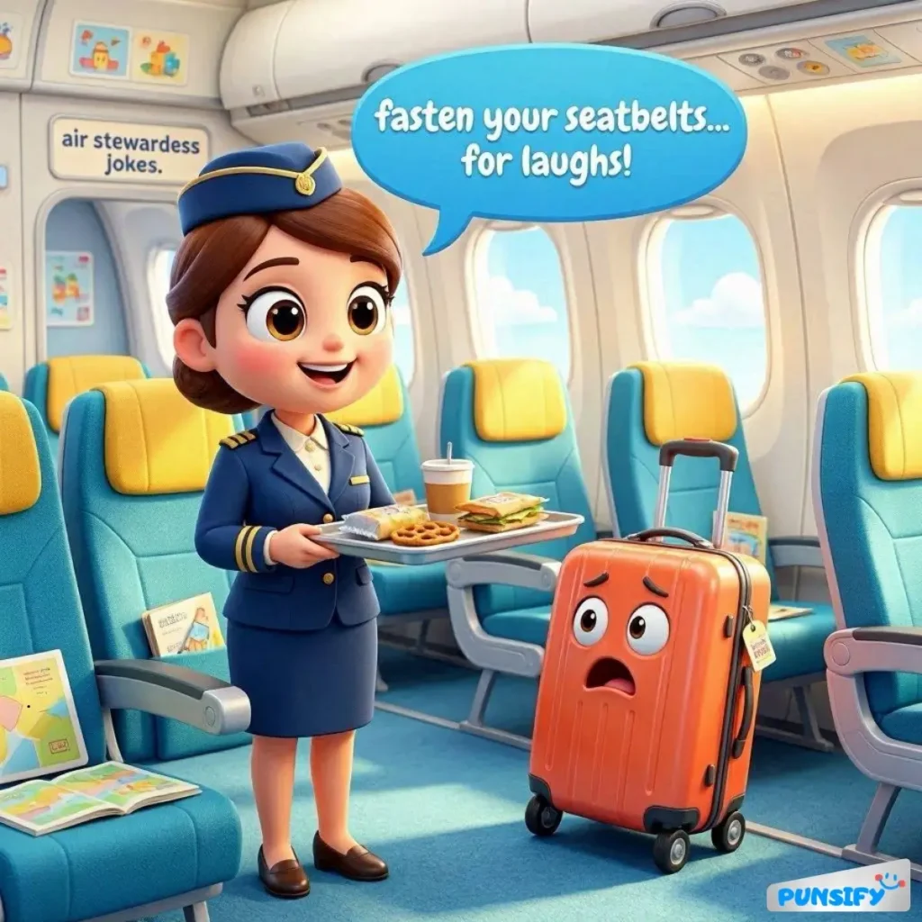 A flight attendant smiles while holding snacks, a worried suitcase beside her.