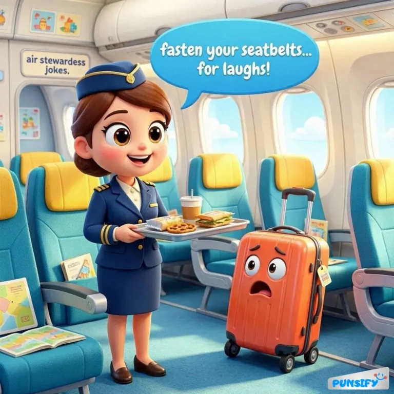 A flight attendant smiles while holding snacks, a worried suitcase beside her.