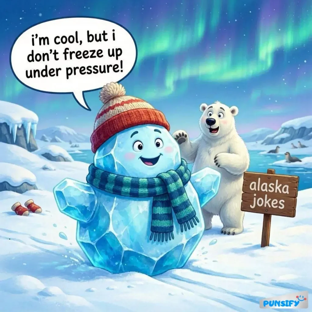 An ice character with a polar bear, both in a snowy landscape. The ice character wears a hat and scarf, smiling.
