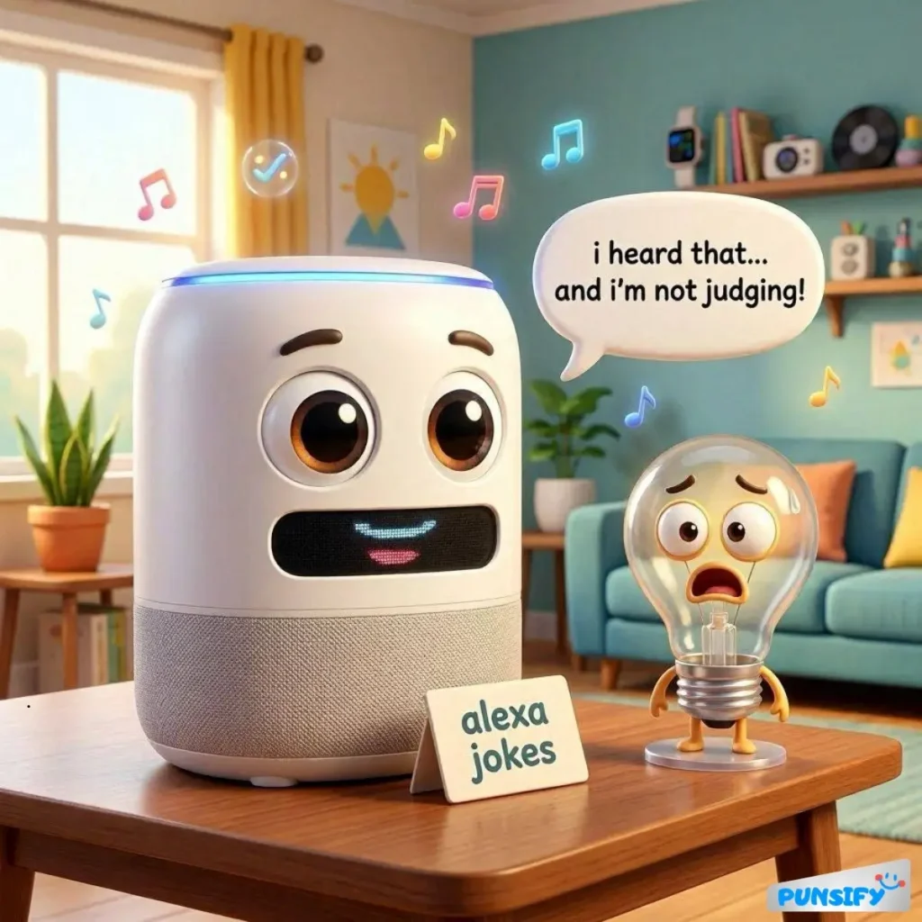 A quirky speaker with big eyes and a light on top, beside a shocked lightbulb, in a cozy room.
