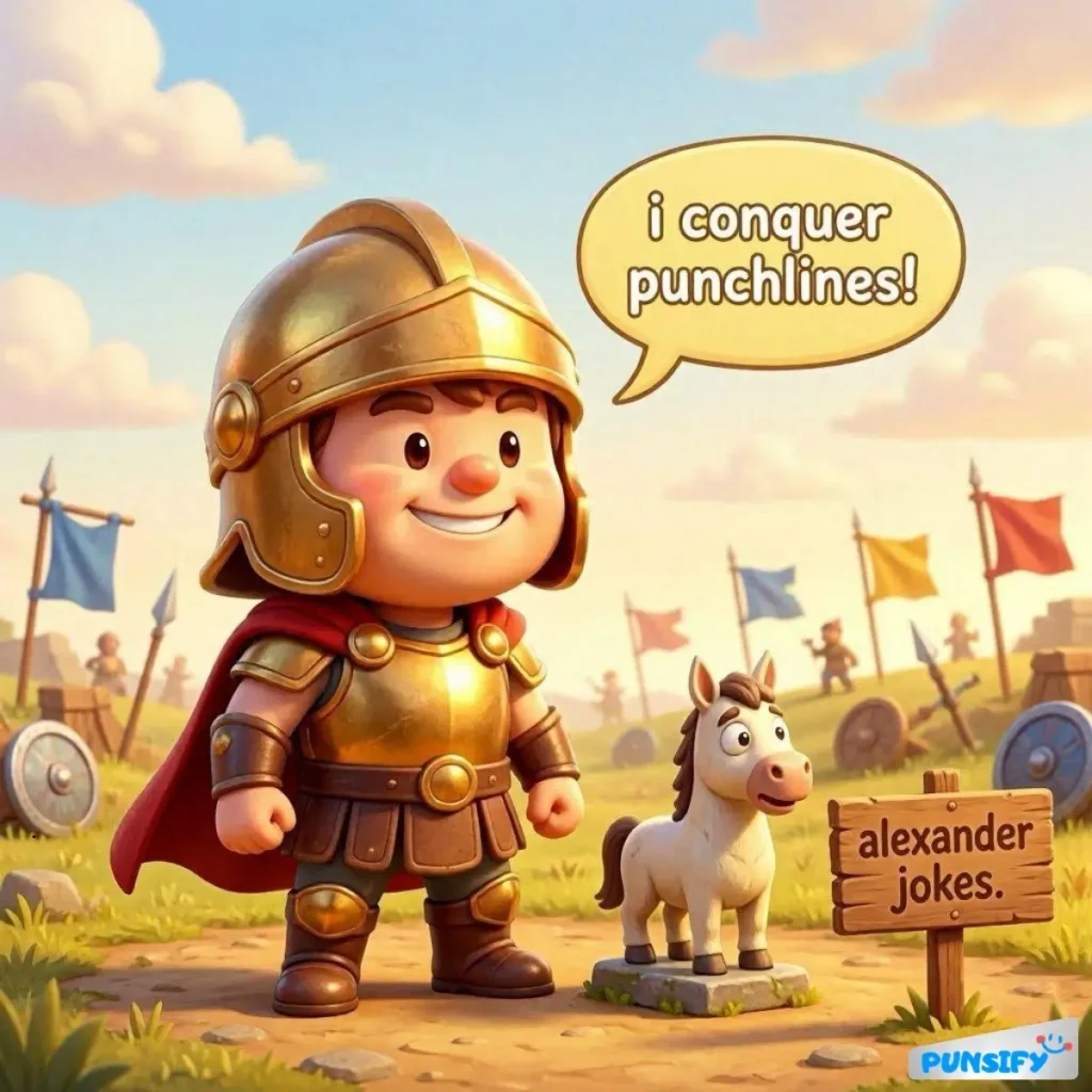 A young knight in armor stands proudly beside a horse, grinning and ready for jokes.