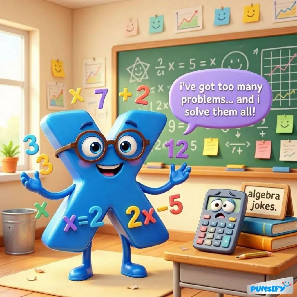 A cheerful blue letter X stands in a classroom with math symbols around it, a calculator looks worried.