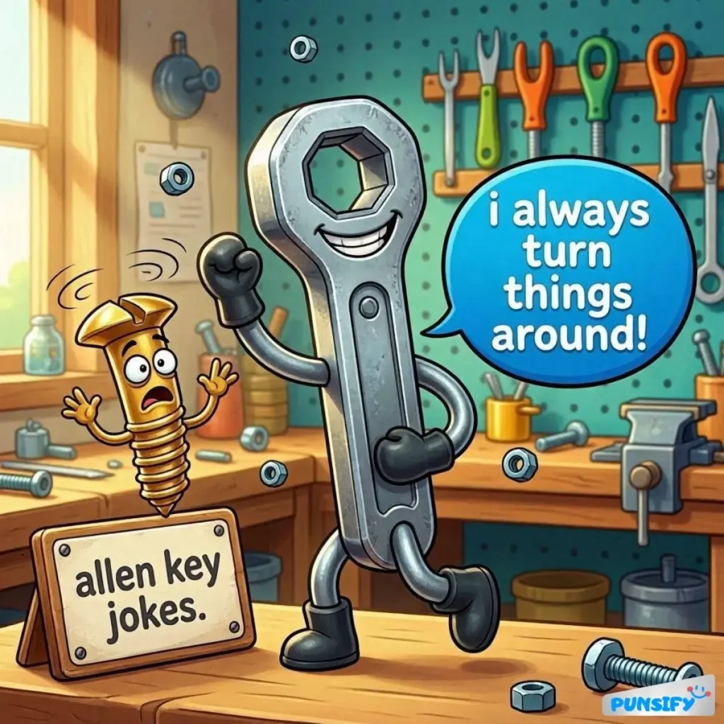 A playful wrench confidently gestures beside a surprised screw.