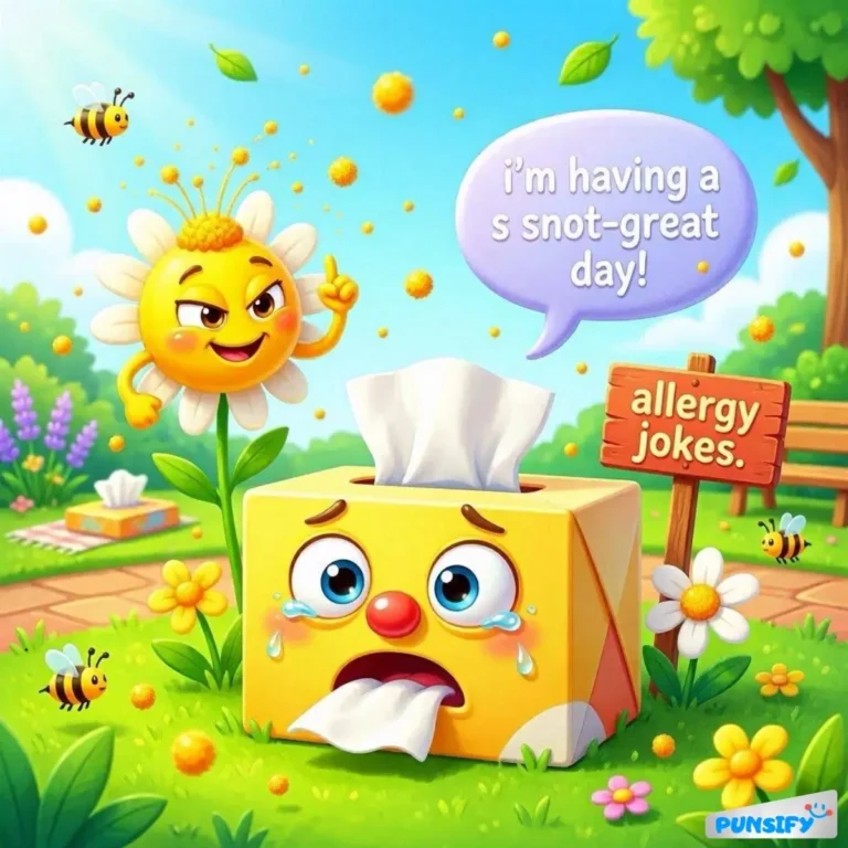 A tissue box crying with a flower giving a punny joke about allergies.
