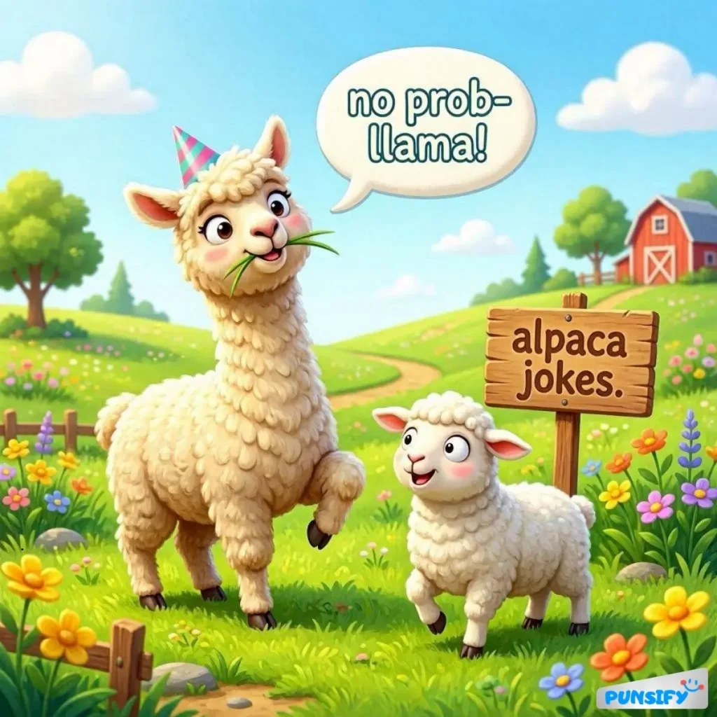 A cheerful llama and a lamb, both wearing party hats, share a playful moment in a sunny meadow.
