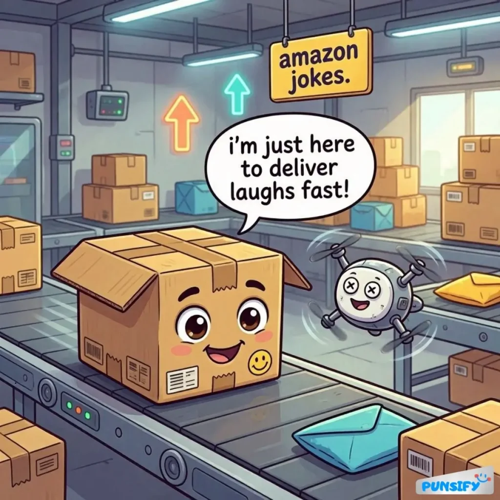 A smiling box character on a conveyor belt, with a drone above it.