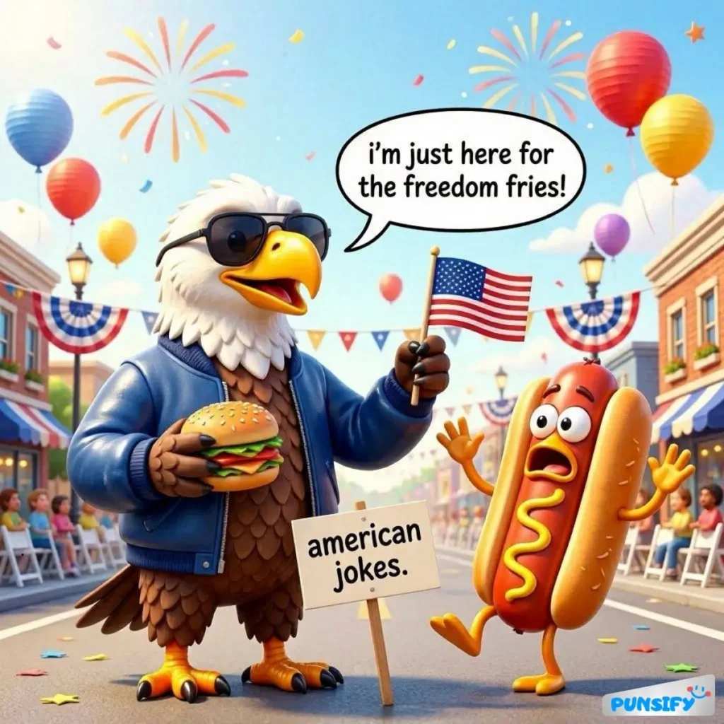 Eagle in sunglasses holds a burger, hot dog looks surprised, waving American flag, with festive decorations.