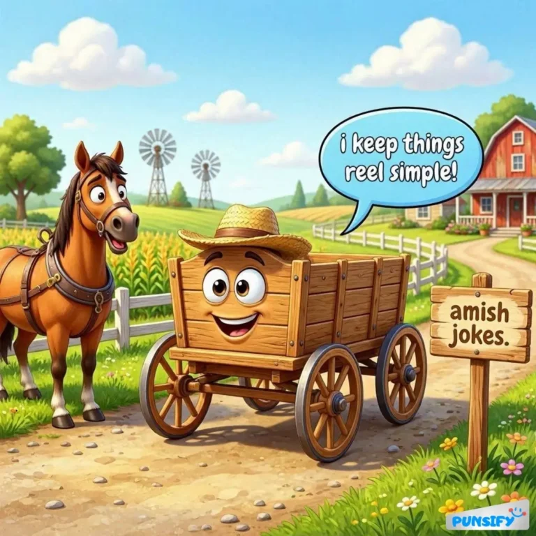 A wooden cart with a smiling face, horse beside it, speech bubble says, 'I keep things reel simple!'