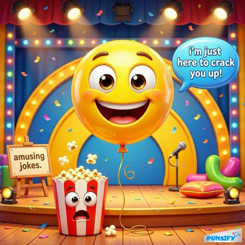 Smiling balloon character with popcorn box on stage.