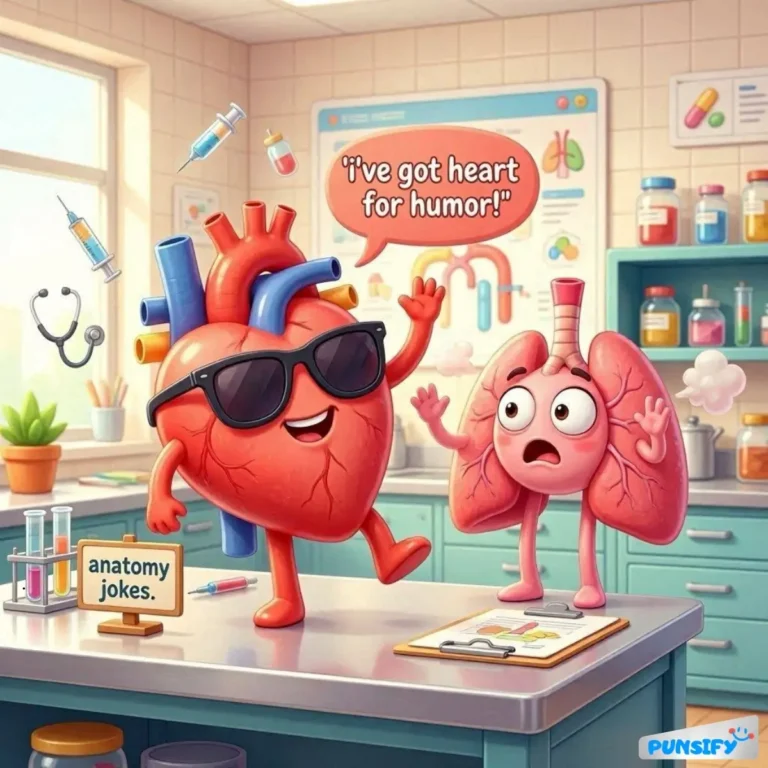 A heart in sunglasses shares a joke with a surprised lung in a lab.
