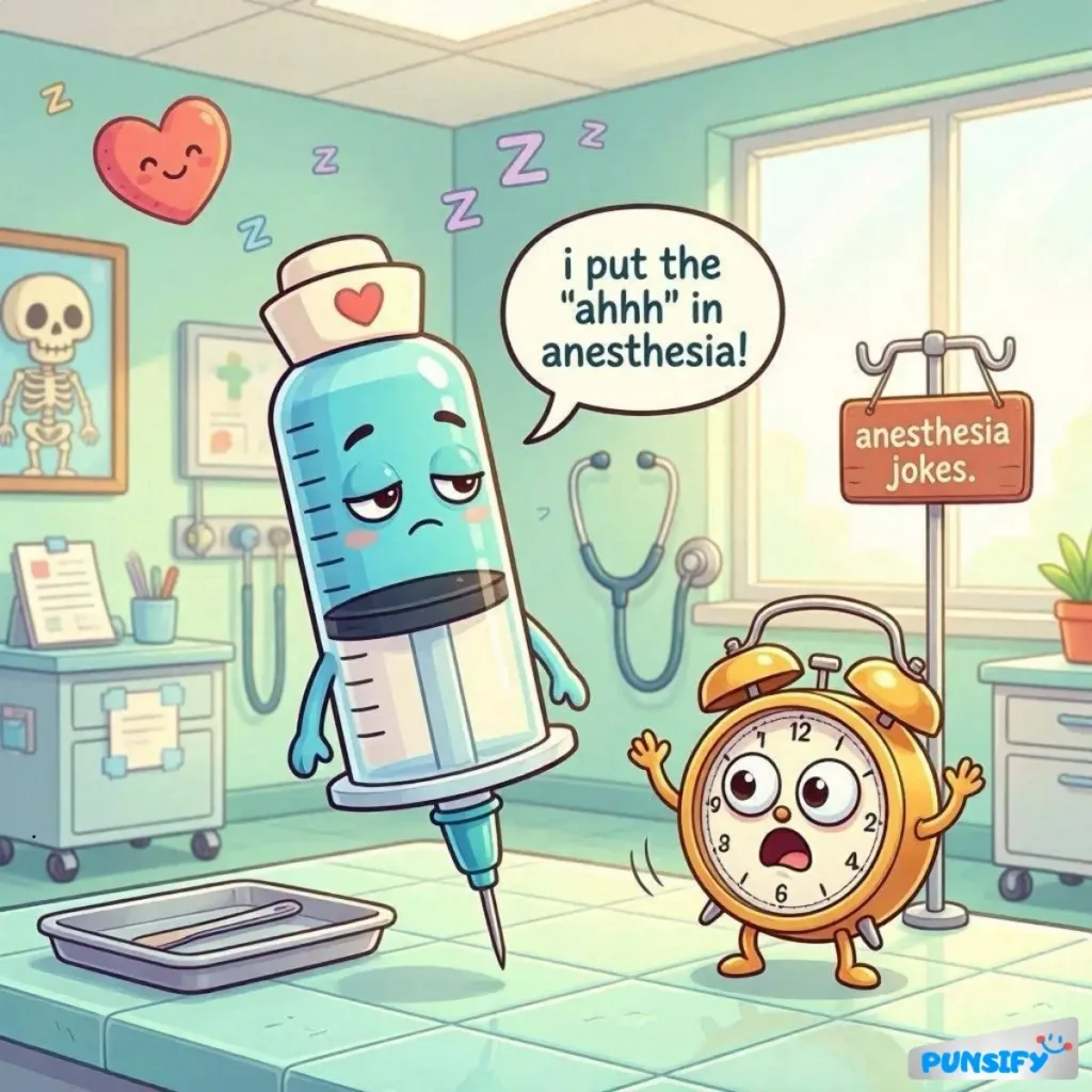 A syringe with a heart and a sleepy clock character in a medical room.