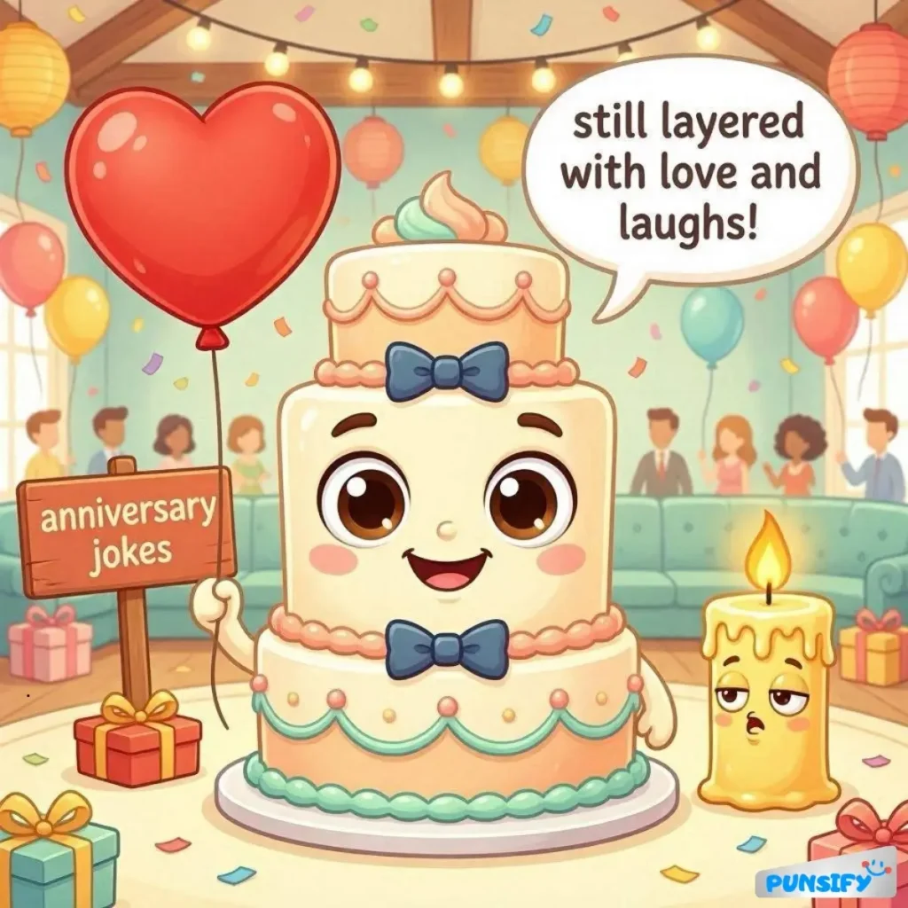 A cheerful cake holding a balloon and sign, surrounded by gifts and a candle, at a festive party.