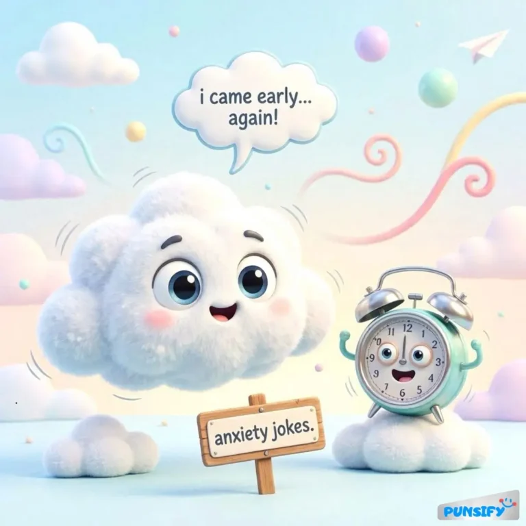 A fluffy cloud with a clock, sharing a joke about timing and anxiety.