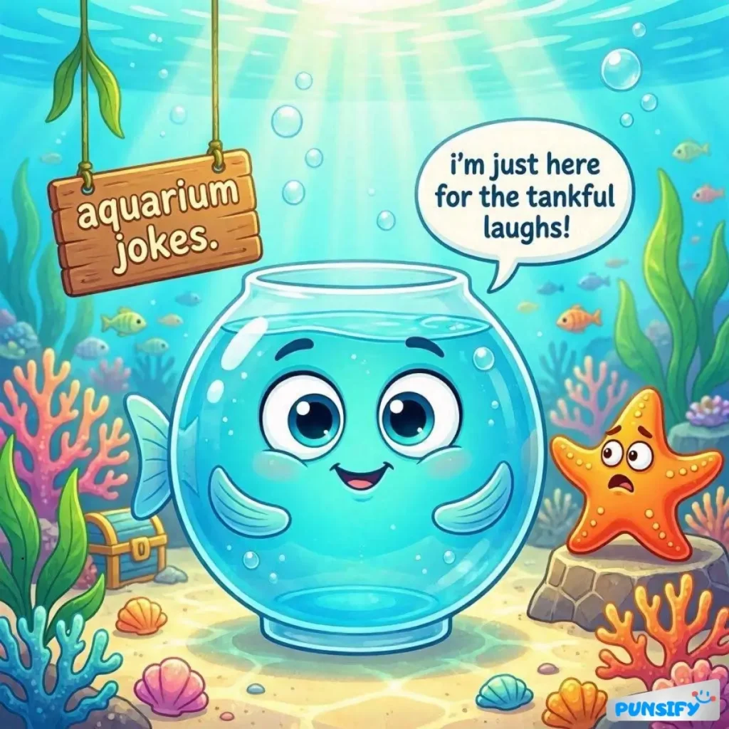 A cheerful fish in a fishbowl shares a pun with a surprised starfish.