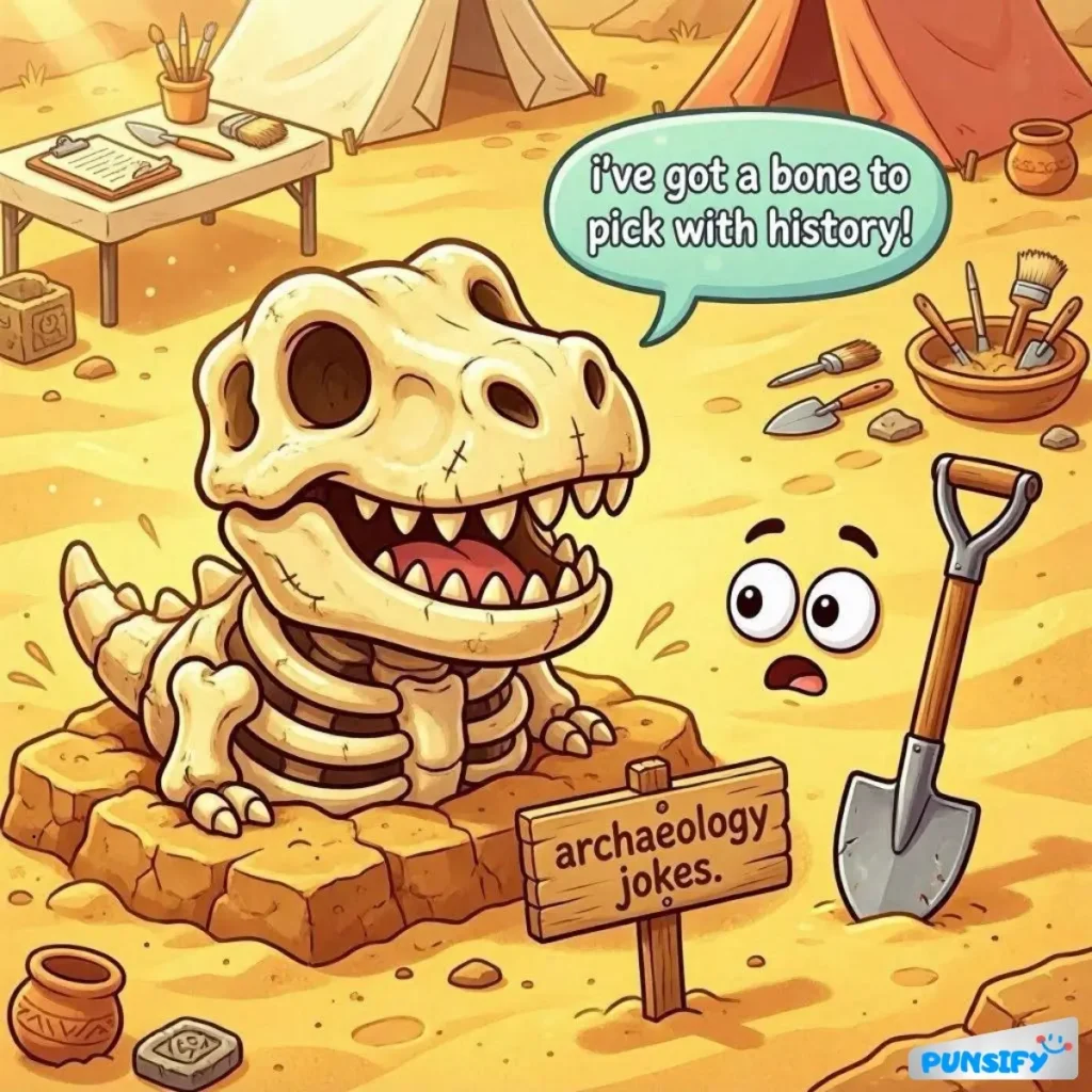 A dinosaur skeleton in a sandy area with a sign about archaeology jokes.