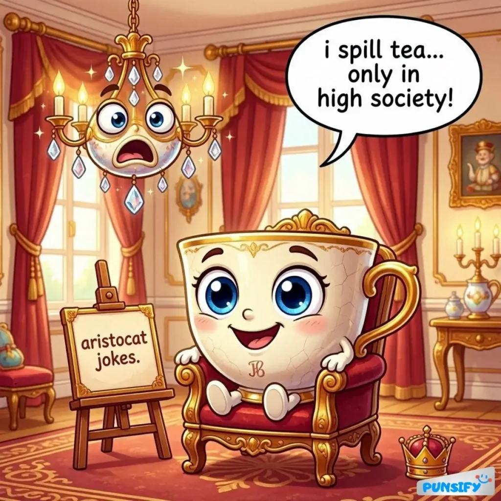 A cute cup with a smile spills tea in a fancy room, surrounded by decor.