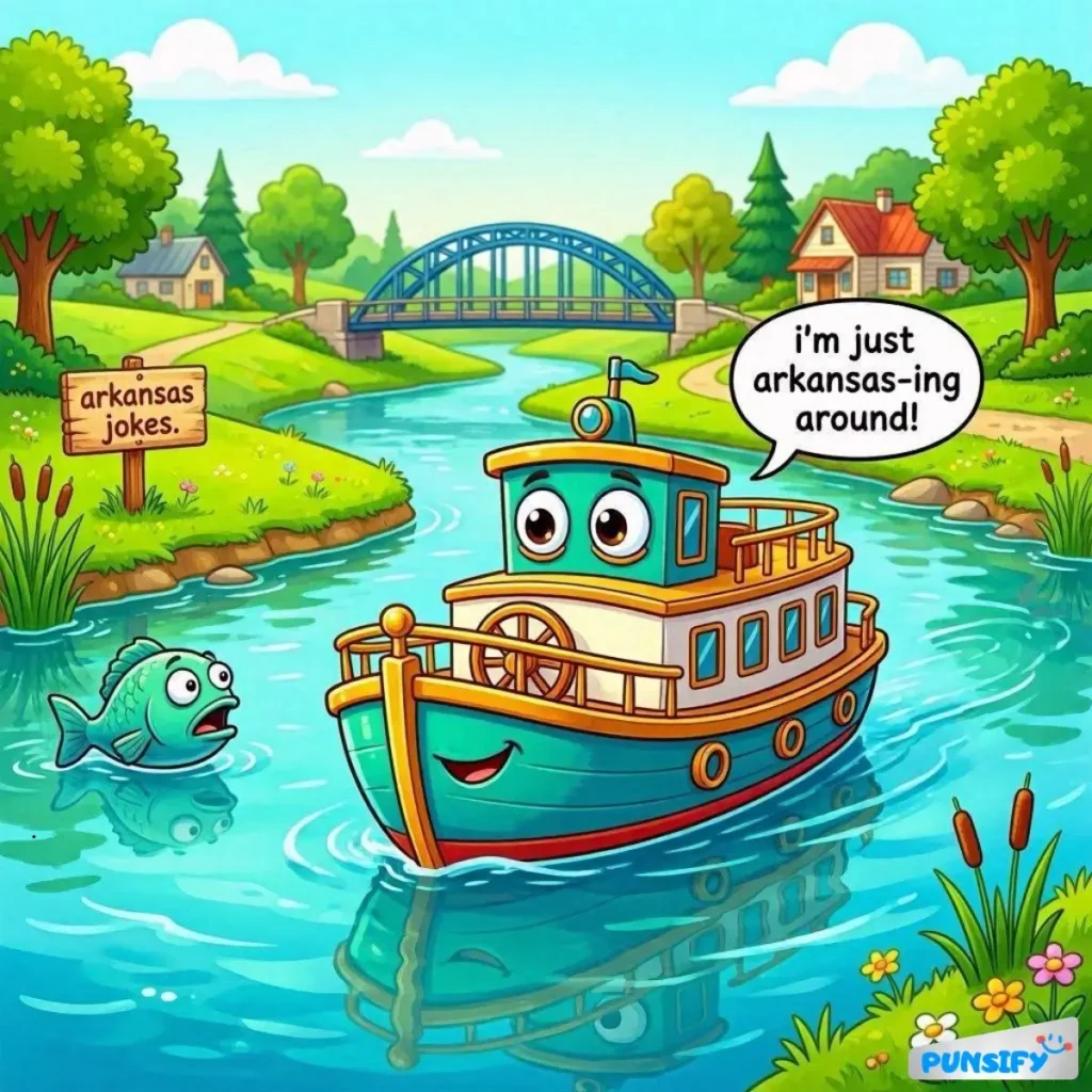 A boat with a smiling face cruising on a river, chatting with a fish.