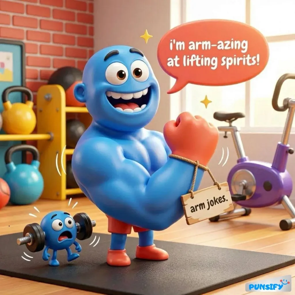 A muscular blue figure flexing, holding a sign, with a small blue figure next to a dumbbell.