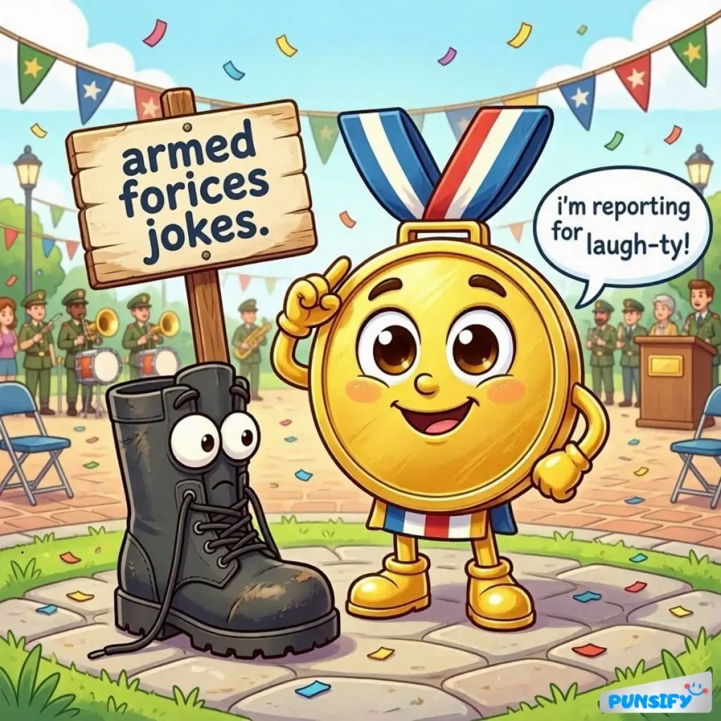 A cheerful medal character stands beside a boot, holding a sign for armed forces jokes, with confetti around.