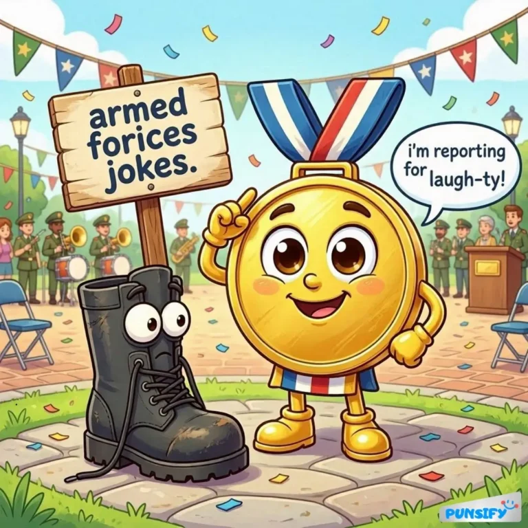 A cheerful medal character stands beside a boot, holding a sign for armed forces jokes, with confetti around.