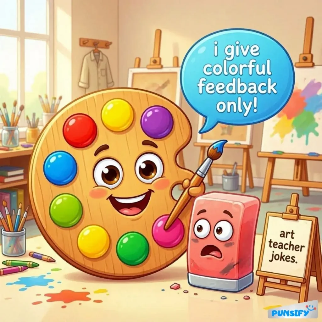 A cheerful paint palette with a smiley face and a surprised eraser in an art studio.