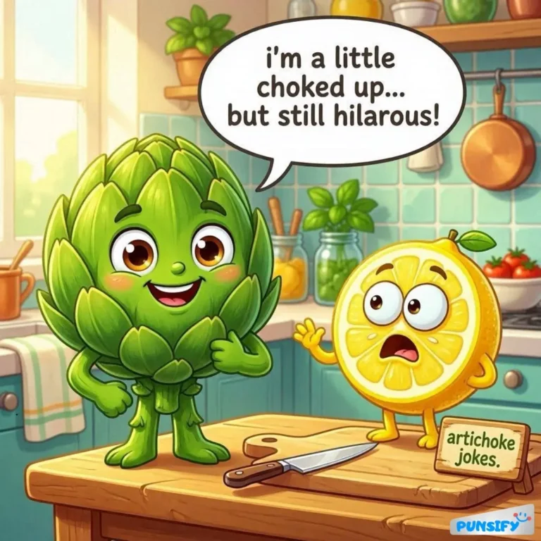 A cheerful artichoke and lemon in a kitchen with dialogue bubbles, sharing jokes.
