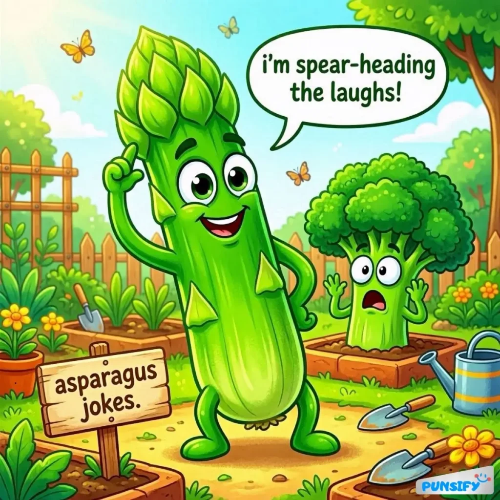 A cheerful asparagus with a big smile, flexing its muscles, beside a surprised broccoli.