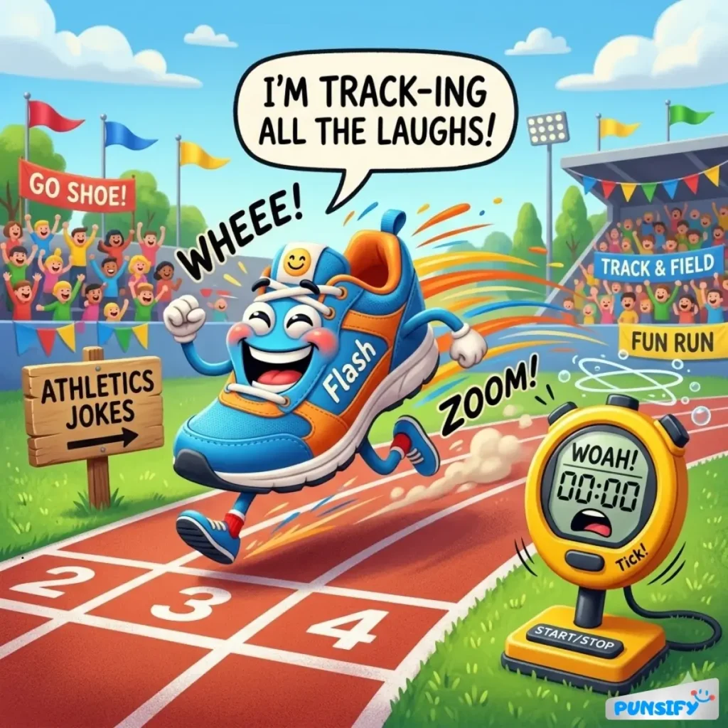 A playful running shoe character zooms on a track with a big smile, surrounded by cheering crowds.