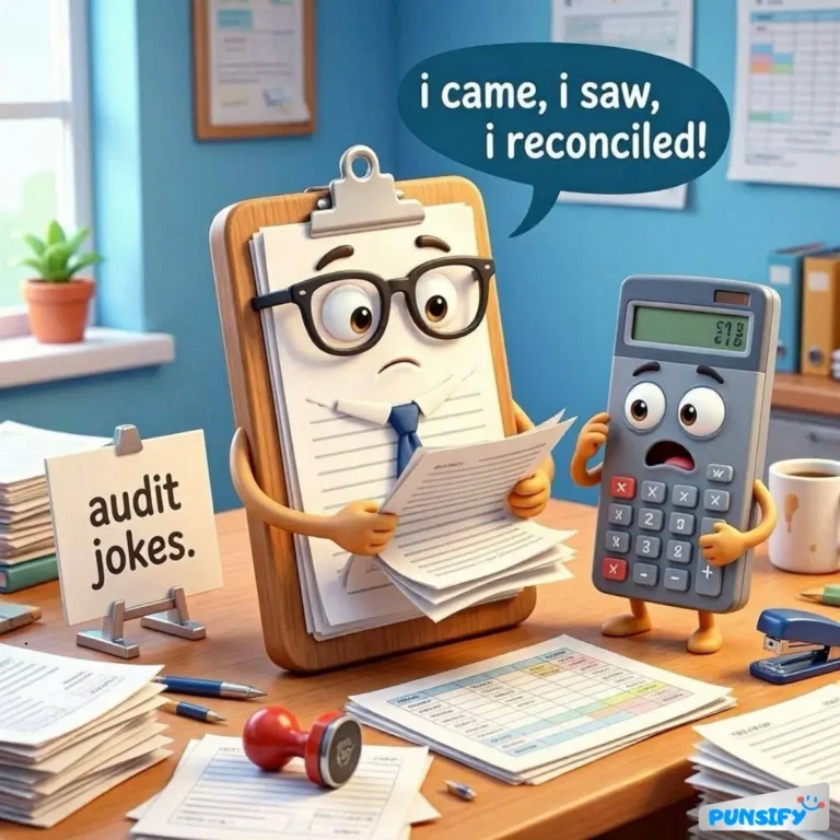 A clipboard with glasses and a calculator, both looking surprised in an office.
