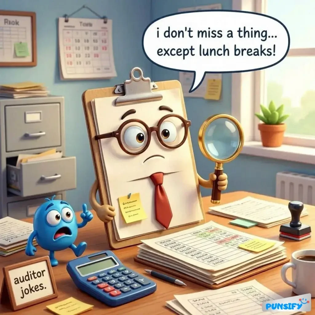 A clipboard character with glasses holding a magnifying glass, a blue round creature beside it.