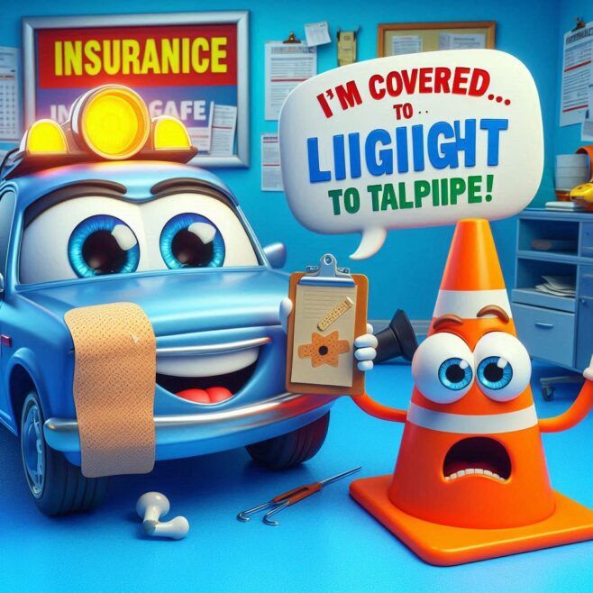 Blue car with a bandage holds a clipboard; orange traffic cone looks shocked, exclaims funny phrase.