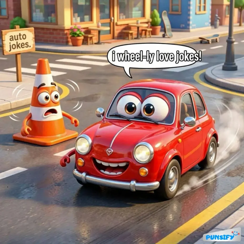 A red car with big eyes and a traffic cone, both humorously animated, sharing a joke.