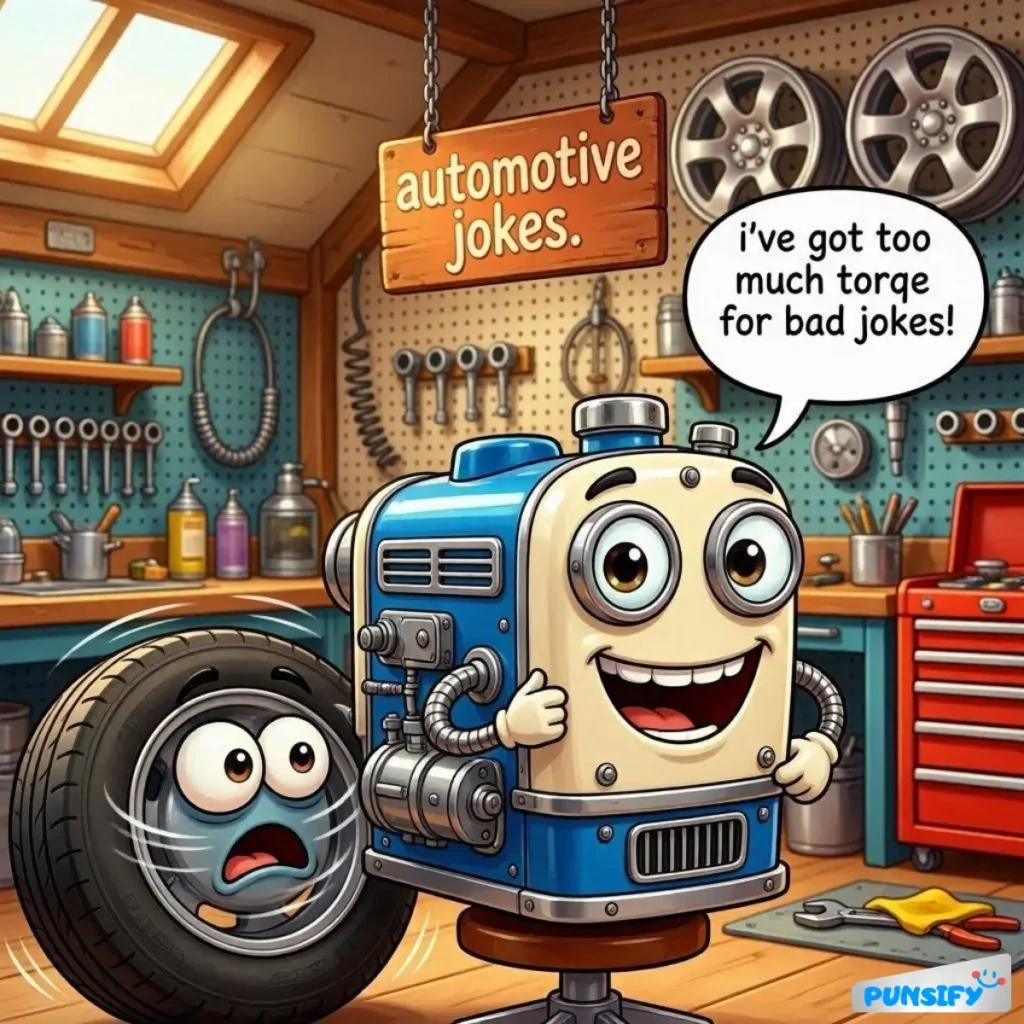 A quirky engine character with a tire buddy in a workshop, sharing a pun about torque.