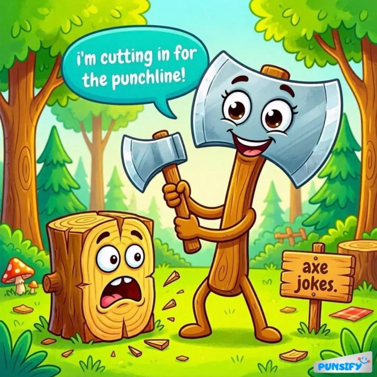 A smiling axe character holds an axe, playfully talking to a surprised tree stump.
