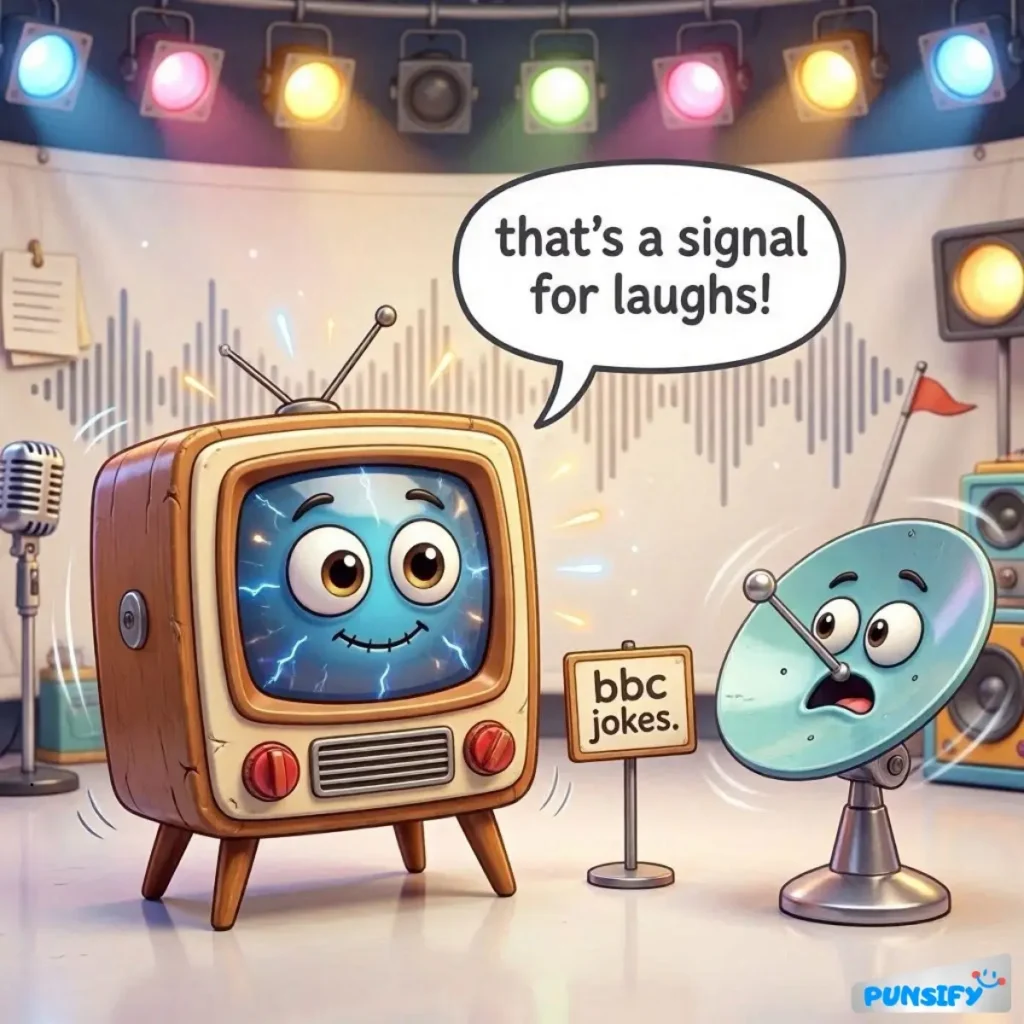 A smiling retro TV and satellite dish in a studio, promoting BBC jokes.