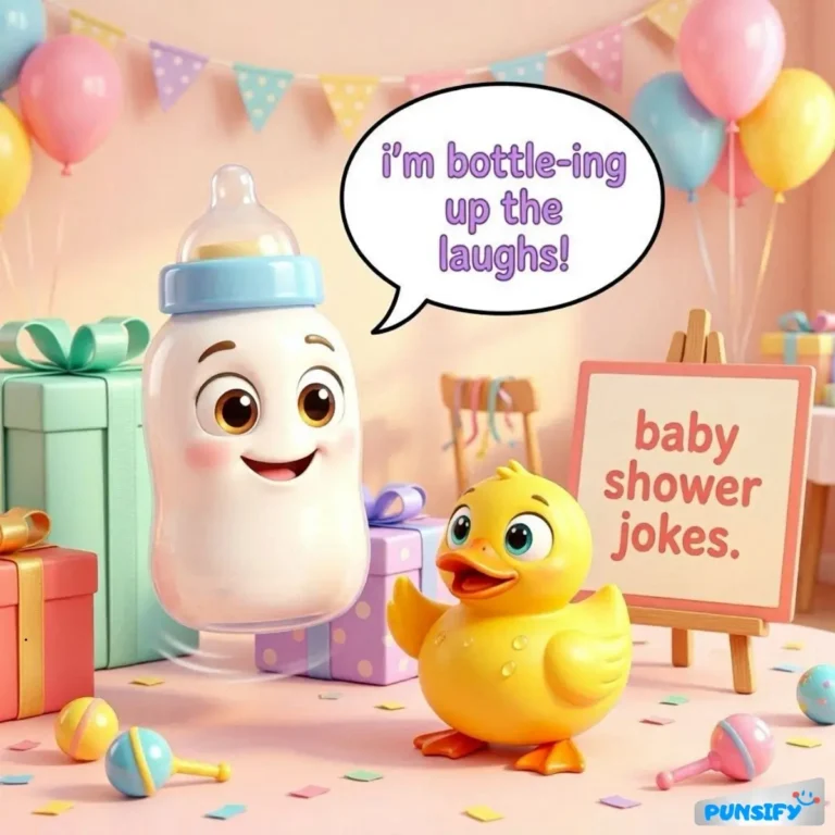A cheerful baby bottle and a duck with gifts and decorations, sharing jokes.