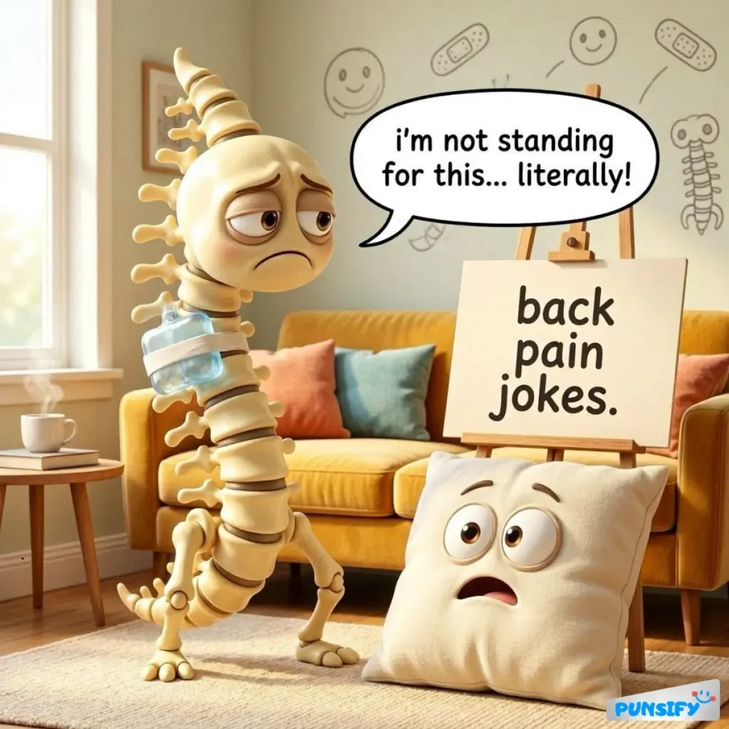 A sad spine character with a water bottle, standing next to a surprised pillow with a sign about back pain jokes.