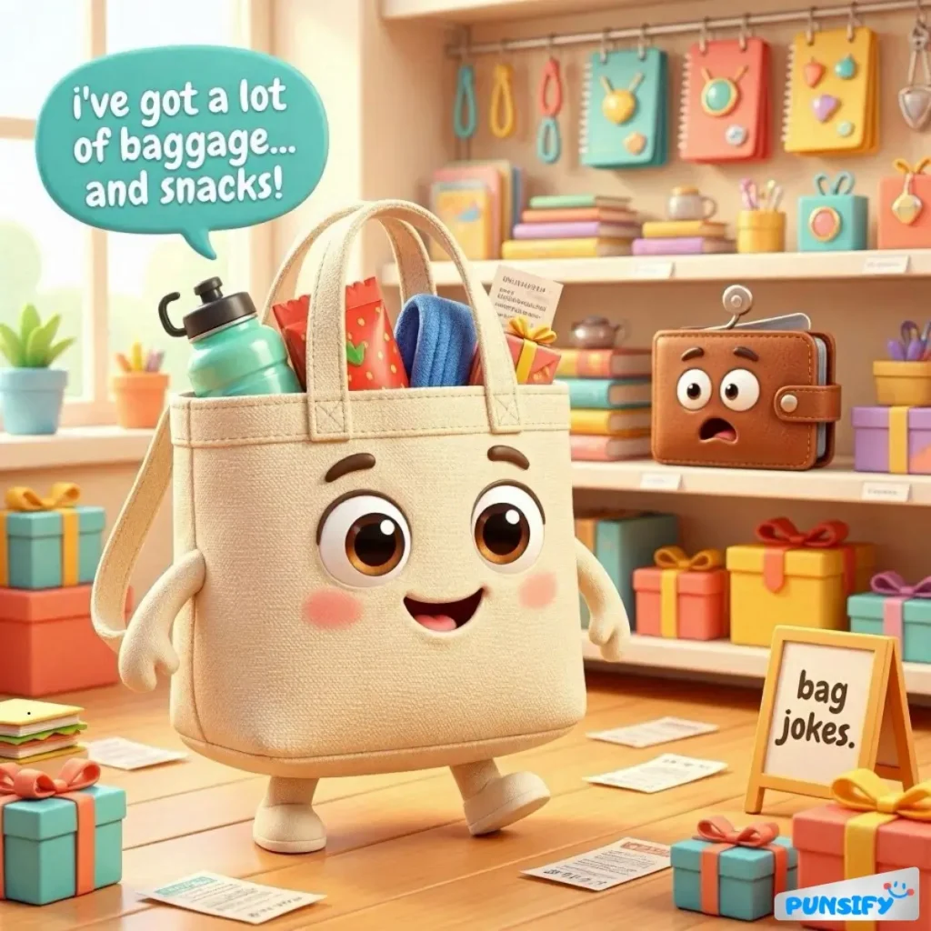 A cute tote bag with eyes and a smile, holding snacks and items, in a shop full of gifts.