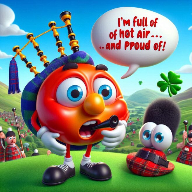 A cheeky tomato plays bagpipes on a hill, looking shocked.