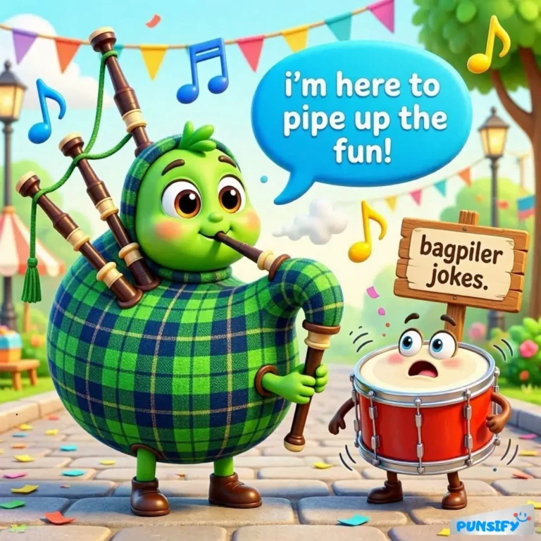 A green character with bagpipes and a small drummer in a park setting.