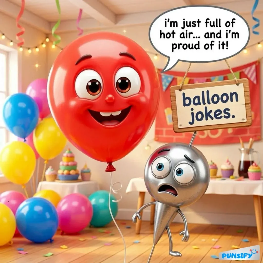 A smiling red balloon with a proud expression beside a worried silver balloon weight in a festive room.