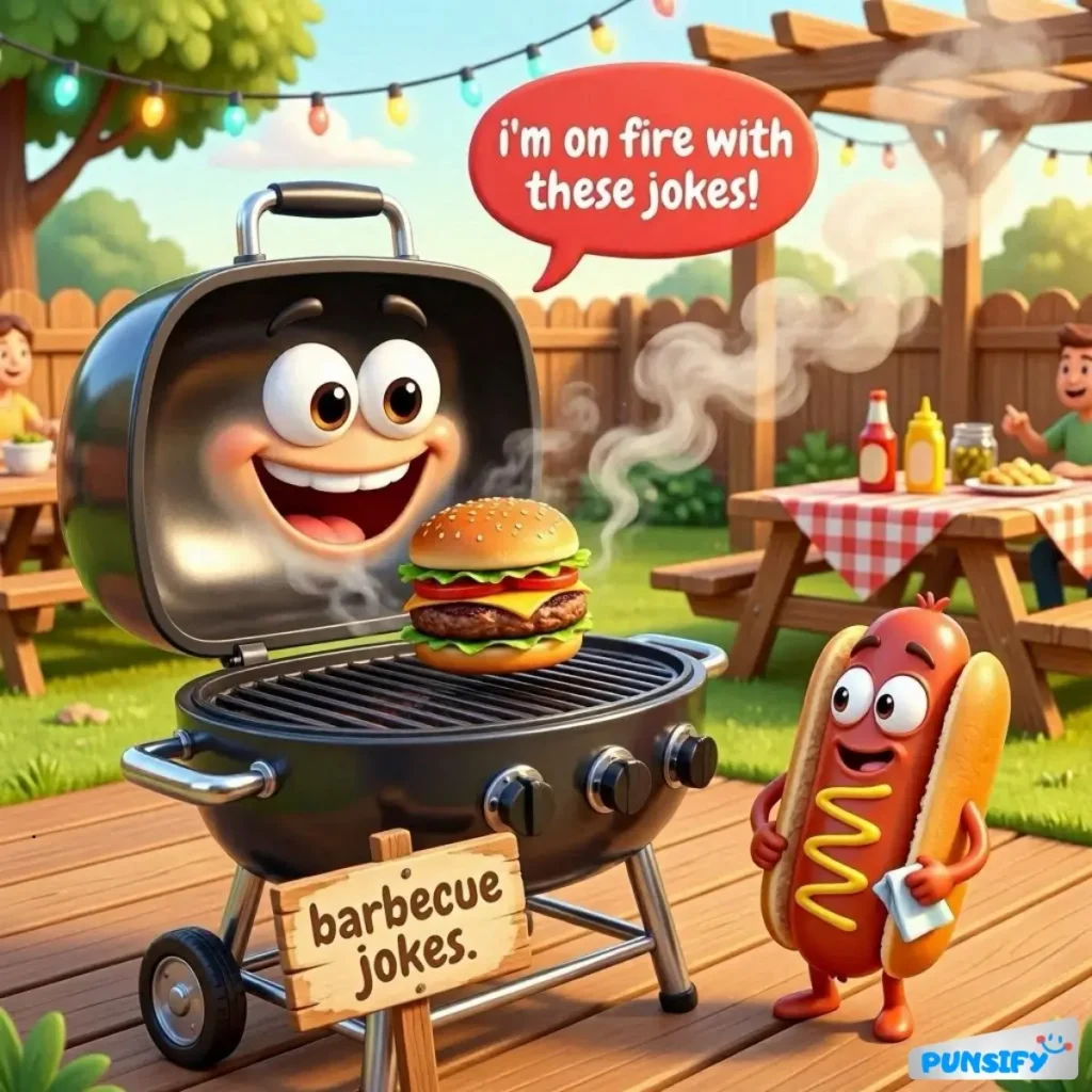 A cheerful grill with a big smile cooking a burger, alongside a playful hot dog holding a mustard bottle.