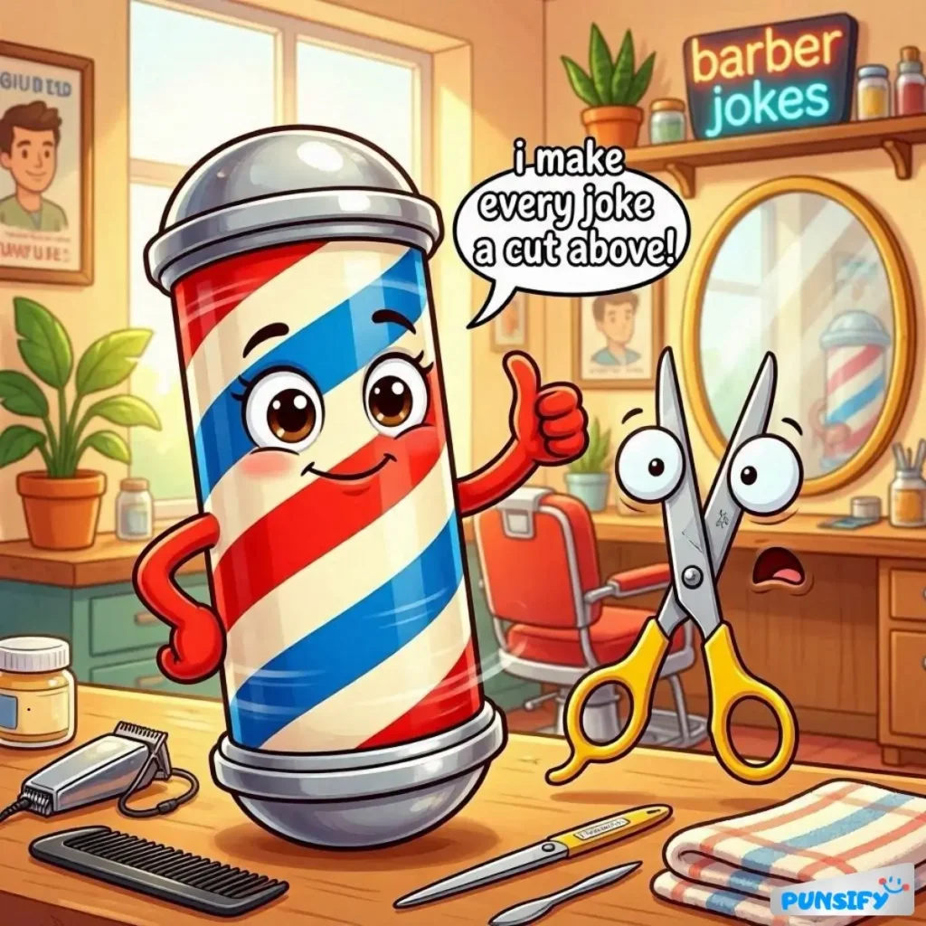 A cheerful barber pole giving a thumbs up with scissors looking surprised.