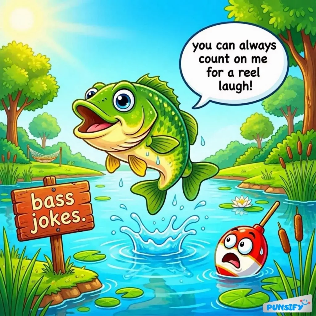 A jumping fish with a pun about laughter in a serene river scene.