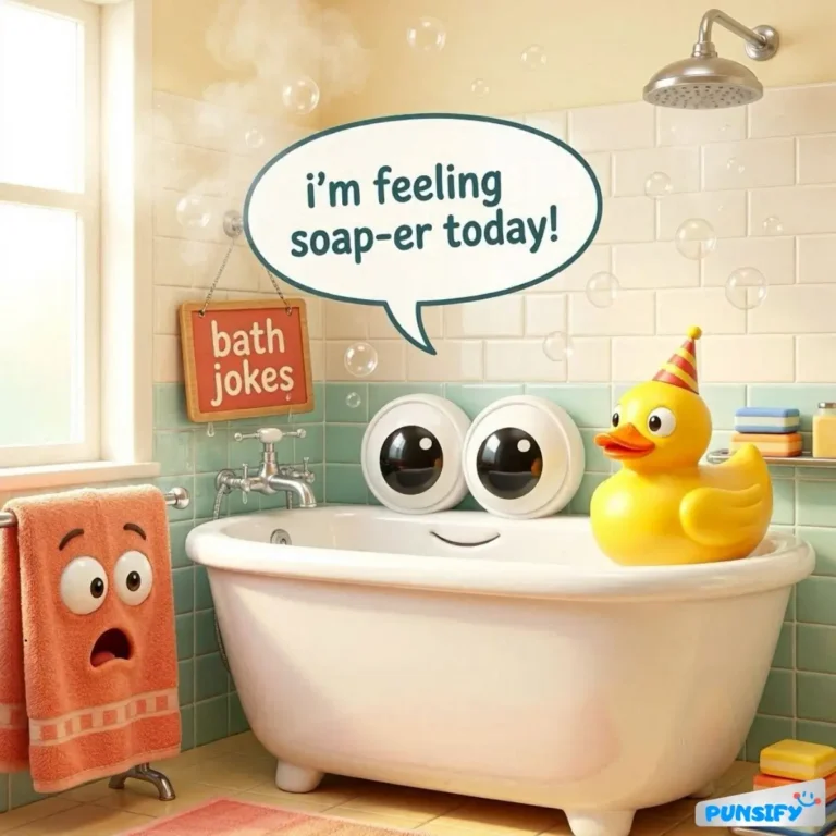 A surprised face next to a rubber duck in a bubbly bath, sharing a pun.