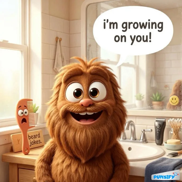 Fluffy creature with a beard in a cozy bathroom smiling at the viewer.