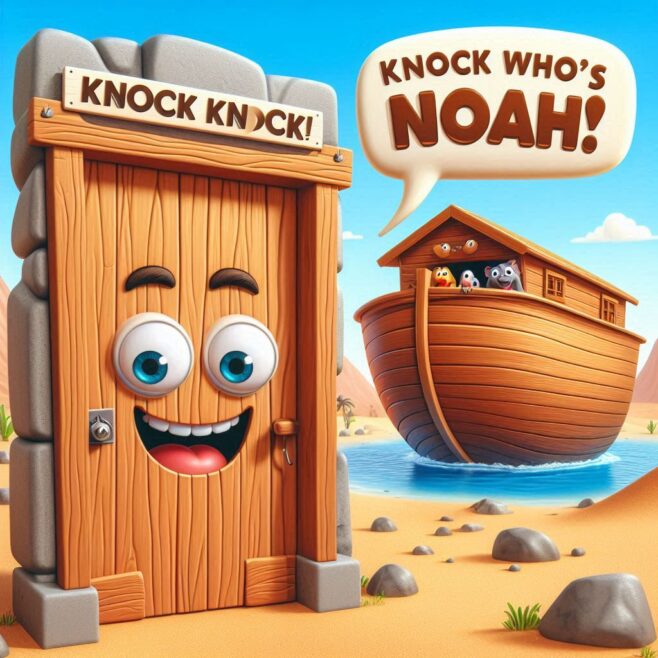 A wooden door with a smiling face and speech bubble saying 'Knock who's Noah!' with an ark in the background.