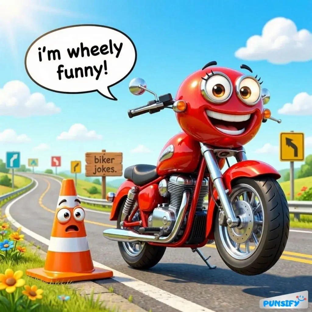 A cheerful red motorcycle with big eyes and a smiling face, next to a surprised traffic cone.